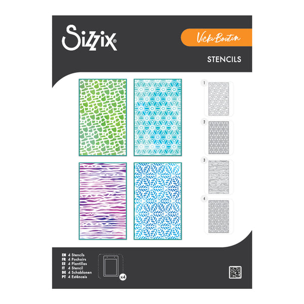 Sizzix stencil set packaging with various patterns on a white background