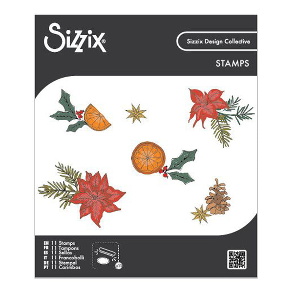 Sizzix stamp set packaging with Christmas-themed stamps on a white background