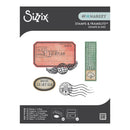 Sizzix stamps and framelets packaging with various stamp designs on a white background