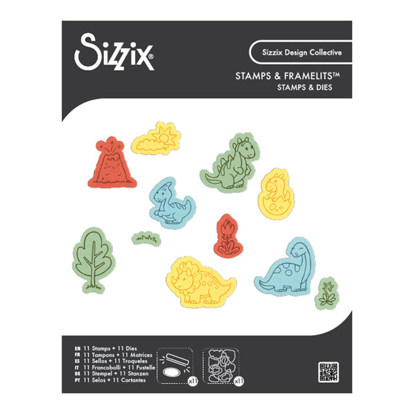 Sizzix stamps and framelets set with dinosaur and nature-themed stamps on a white background