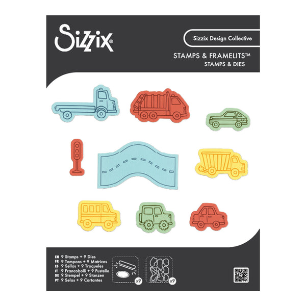 Sizzix stamps and framelets set with various vehicle designs on a white background