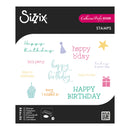 Sizzix Catherine Pooler Designs stamp set with various 'Happy Birthday' phrases and graphics.