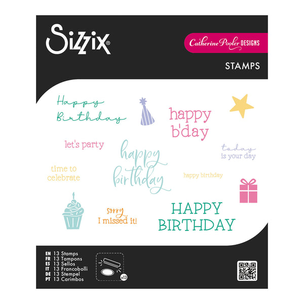 Sizzix Catherine Pooler Designs stamp set with various 'Happy Birthday' phrases and graphics.