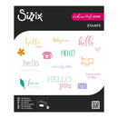 Sizzix stamp set packaging with various stamps and text on a white background