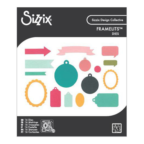 Sizzix Framelits Dies packaging with various die-cut shapes on a white background