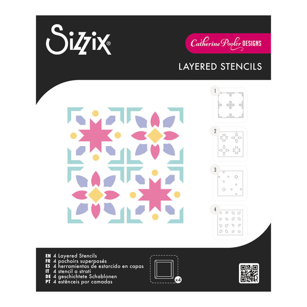 Sizzix Mini Layered Stencils By Catherine Pooler 4/Pkg - Print & Pattern Patchwork Tile