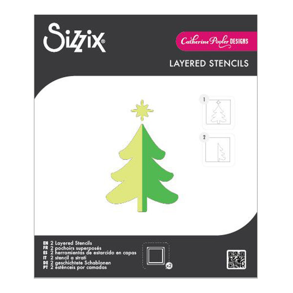Sizzix layered stencils packaging with a Christmas tree design on a white background