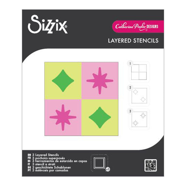 Sizzix layered stencils packaging with colorful designs on a white background
