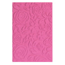 Pink embossed floral design on a white background