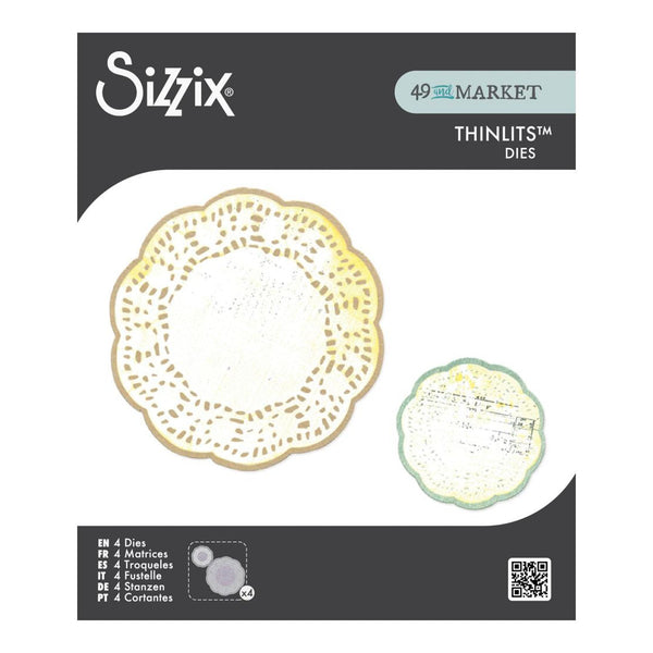 Sizzix thinlits dies packaging with a decorative die and a small sample on a white background.