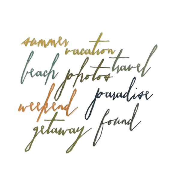 Text collage with summer vacation and travel-themed phrases on a white background