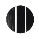 Black circular object with a white stripe on a white background