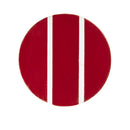Red circular object with two white stripes on a white background