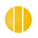 Yellow circular object with white stripes on a white background