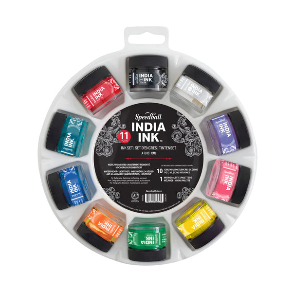 Speedball India Ink set with 10 jars of ink in various colors on a white background