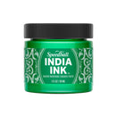 Green jar of Speedball India Ink with black lid on a white background