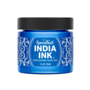 Blue jar of Speedball India Ink with black lid on a white background
