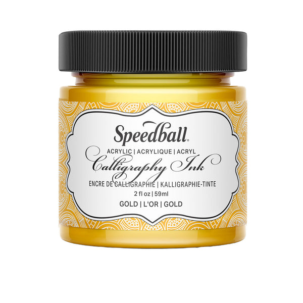 Speedball acrylic calligraphy ink jar in gold on a white background