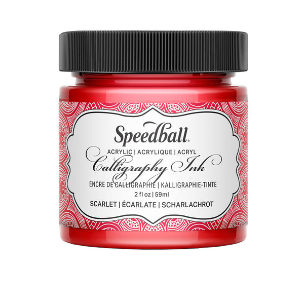 Speedball acrylic calligraphy ink jar in scarlet color on a white background