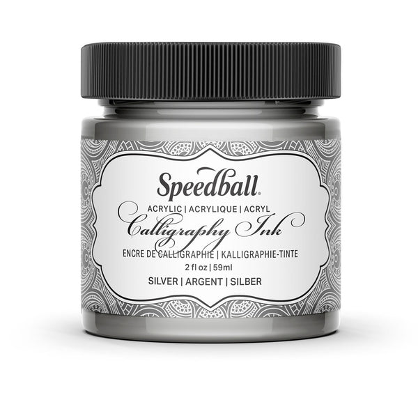 Speedball acrylic calligraphy ink jar with black lid on a white background