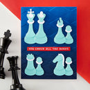 Card with teal chess pieces on a blue background, featuring text 'you check all the boxes', with black chess pieces on a red and white background.