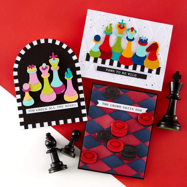 Colorful card with chess piece illustrations on a red background