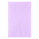 Decorative lavender card with white floral patterns on a white background