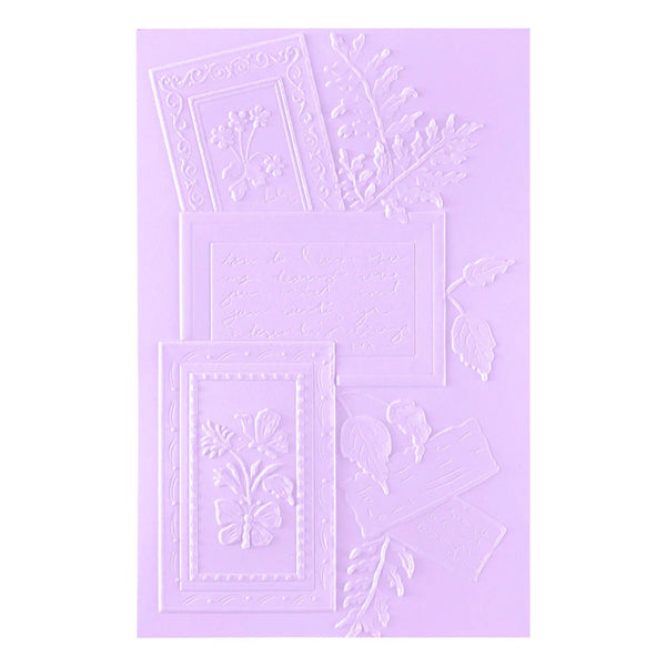 Decorative lavender card with white floral patterns on a white background