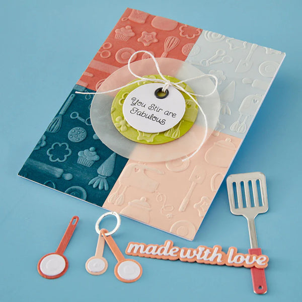Decorative kitchen-themed card with utensils on a blue background