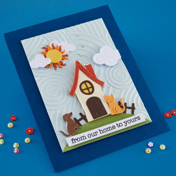 Greeting card with house, sun, clouds, and animals on a blue background