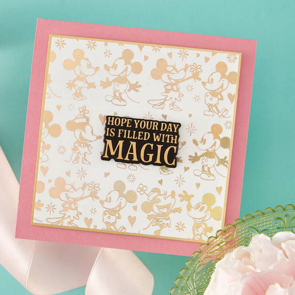 Greeting card with Mickey Mouse design and 'Hope your day is filled with magic' text on a teal background.