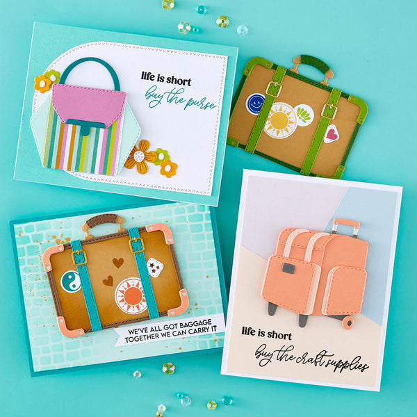 Set of handmade cards with travel-themed designs on a turquoise background