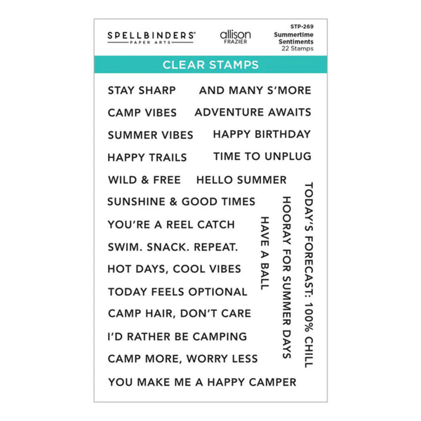 List of summer-themed phrases on clear stamps with Spellbinders branding.