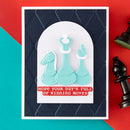 Card with turquoise chess pieces and a red message on a geometric background