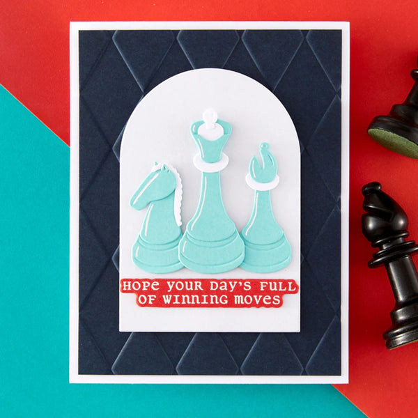 Card with turquoise chess pieces and a red message on a geometric background