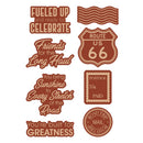 Collection of vintage-style road trip-themed decorative elements on a white background