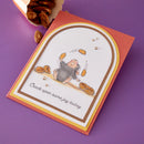 Card with a hedgehog illustration and text on a purple background