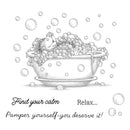 Illustration of a hedgehog in a bath with bubbles and text encouraging relaxation.