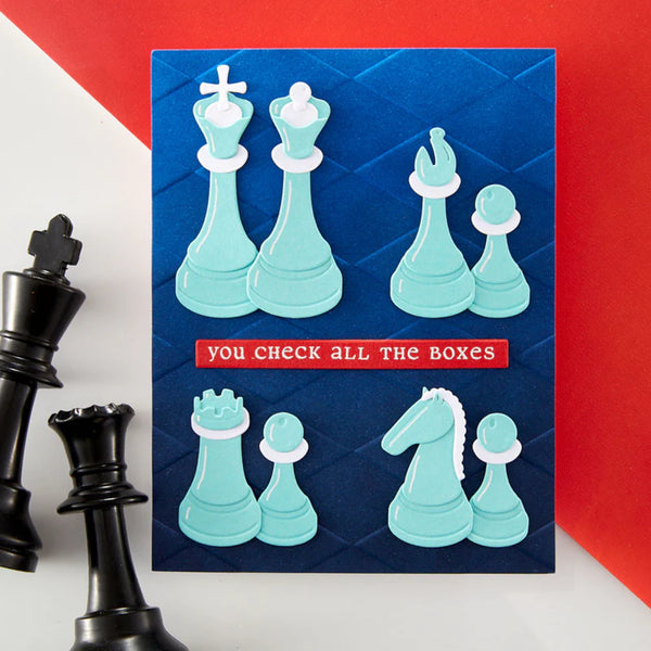 Card with teal chess pieces on a blue background, featuring text 'you check all the boxes', with black chess pieces on a red and white background.