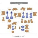 Chess and checkers pieces on a white background with 'Spellbinders Paper Arts' branding.