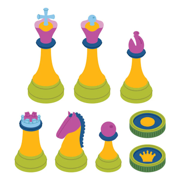 Colorful toy chess pieces on a white background