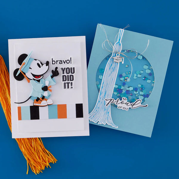 Two greeting cards on a blue background, one with a cartoon character and 'bravo! YOU DID IT!' text, the other with confetti and 'Proud of you' text.