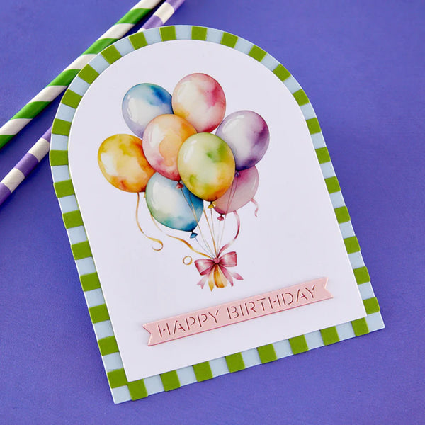 Birthday card with colorful balloons and 'Happy Birthday' text on a purple background