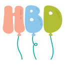 Colorful balloon letters 'H', 'B', and 'D' on a white background