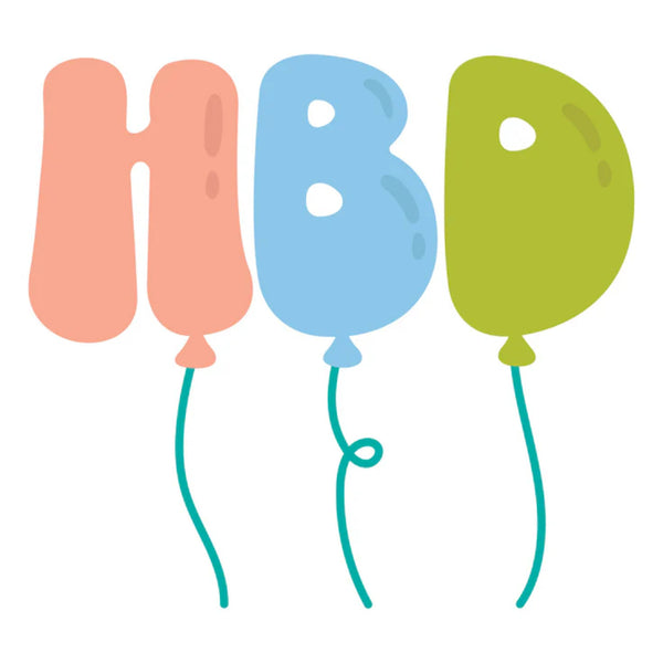 Colorful balloon letters 'H', 'B', and 'D' on a white background
