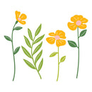 Illustrations of yellow flowers with green stems and leaves on a white background