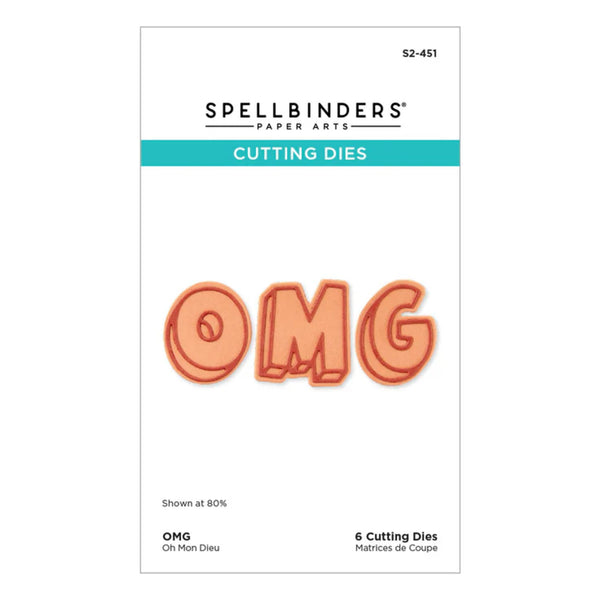 Spellbinders cutting dies packaging with 'OMG' design on a white background