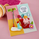 Colorful greeting card with cleaning-themed illustrations and a quote on a pink background