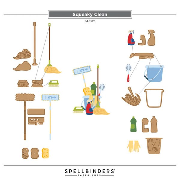 Set of cleaning tools and supplies with 'Squeaky Clean' text and Spellbinders logo.