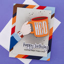 Birthday card with a hand holding a coffee mug and text on a colorful striped background